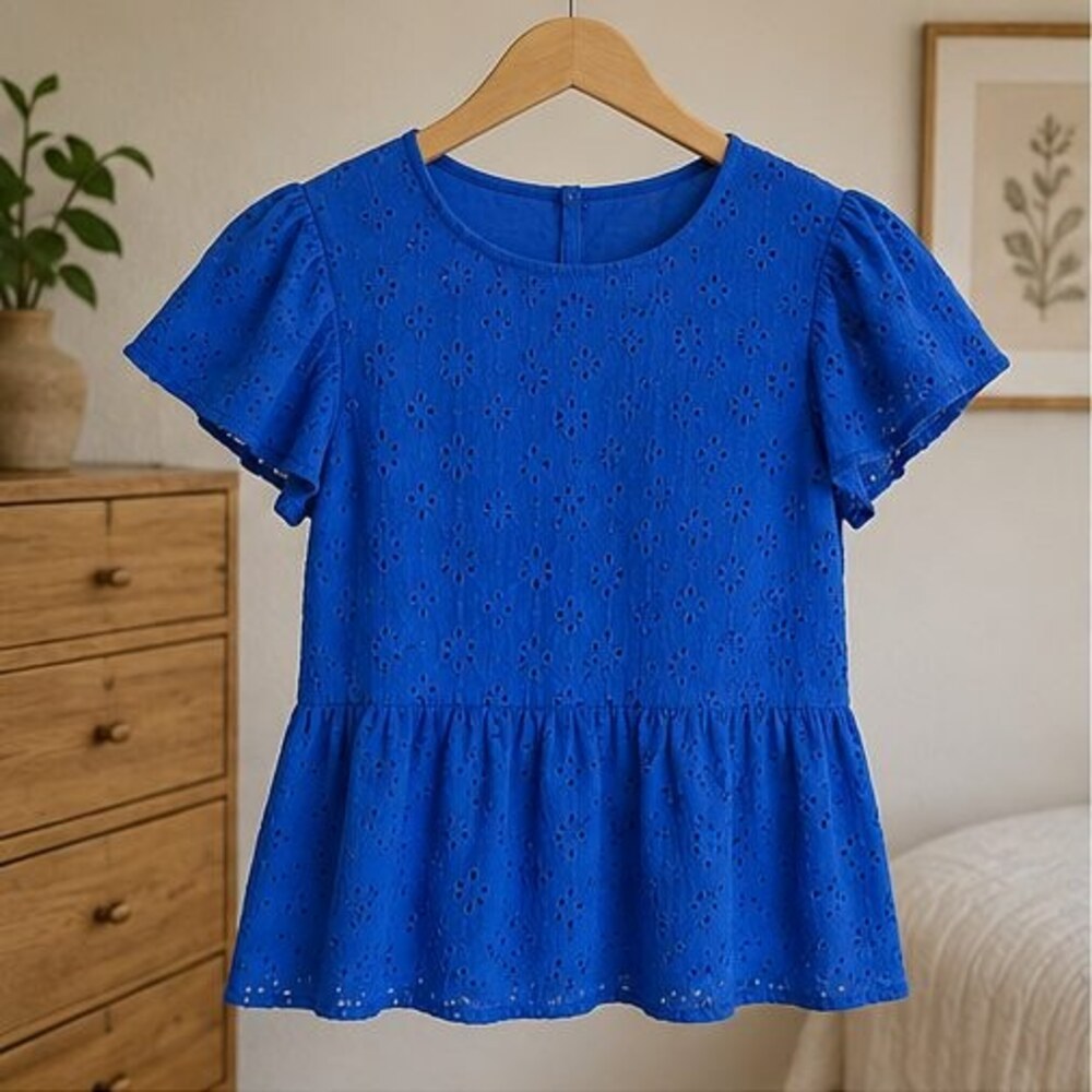 Cobalt Eyelet Peplum Blouse
